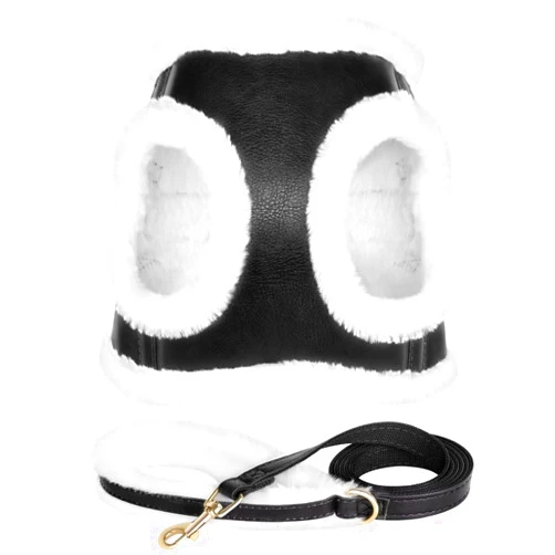 Beirui Leather Small Dog Harness and Leash Set, Soft Plush Padded Puppy Harness, Winter Warm Dog Harness, Step in No Chock No Pull Adjustable Dog Harness for Small Dog, Black M