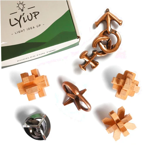 LYiUP Brain Teaser Puzzle Wooden and Metal 6PCS 3D Unlock Interlocking Puzzle for Kids Adults Educational Toy