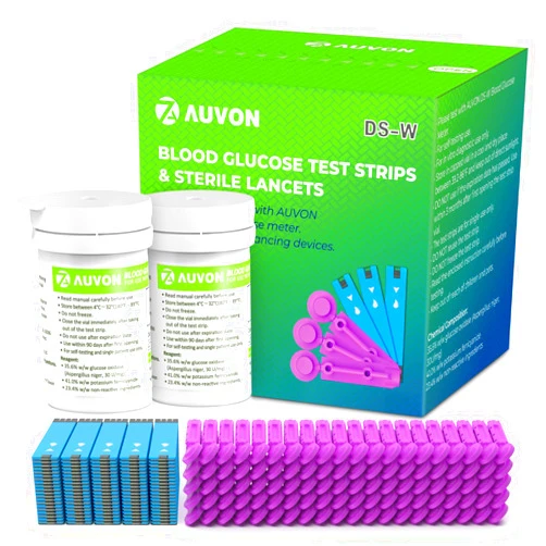 AUVON Blood Glucose Test Strips & Diabetic Lancets Kit, 100 Test Strips for Diabetes, 30 Gauge 100 Lancets for Blood Testing with Less Pain, Fit AUVON DS-W Glucose Meter