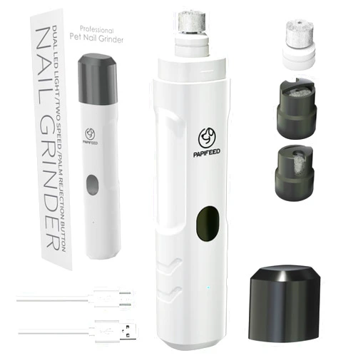 PAPIFEED Dog Nail Grinder with 2 LED Light,3-Speed Rechargeable Dog Nail Trimmer, Upgraded Powerful Electric Dog Toe Nail File Quiet Painless, Paws Grooming for Small Medium Large Dogs Cats-White