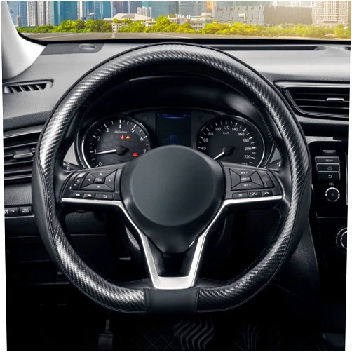 SEG Direct Flat Bottom Steering Wheel Cover Carbon Fiber, D Shaped Car Wheel Cover 14 1/2-15 in. (37-39 cm), Black Microfiber Leather with Carbon Fiber Pattern