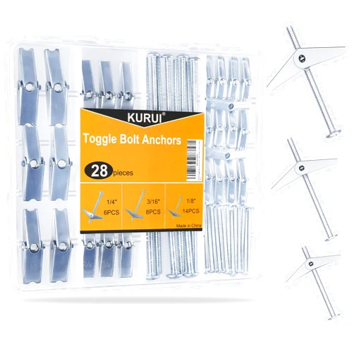 KURUI 28Pcs Heavy Duty Hollow Wall Anchors for Drywall Ceiling, Toggle Bolts and Wing Nut Kit, Metal Drywall Anchors and Screws Assortment Set, 3 Sizes Butterfly Anchors (1/8in, 3/16in, 1/4in)