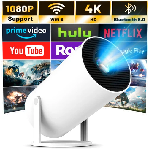 FEARWIKY Mini Projector with WIFI 6 and Bluetooth, 4K 1080P Support Portable Projector 180° Rotatable 130'' Screen Movie Projector Auto Keystone Compatible for Laptop, PC, Smartphone