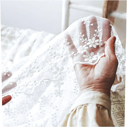 IRIZ 49 inches Width Floral Embroidery Lace Fabric Curtain Veil Wedding Lace Fabric (1 Yard Connected)