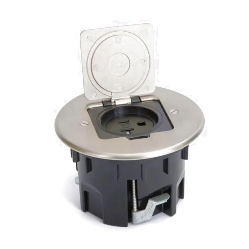 Lew Electric Round Wood Floor Box - Single 20amp Receptacle - Metal Top with Four Colors to Choose from. (Nickel Stainless)