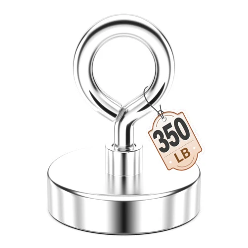 FINDMAG Fishing Magnets 350 LBS Pulling Force 2 inch Neodymium Rare Earth Magnet with Lifting Eye-Bolt, Super Strong Round Magnet for Retrieving Items in Lake, Beach, Lawn and New House