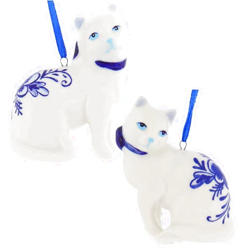 Kurt S. Adler Porcelain Delft Blue Cat Ornament Set Of 2 for Christmas