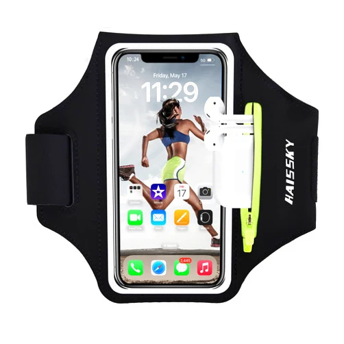 HAISSKY Cell Phone Running Armband with Airpods Zipper Pocket Armband Case Running Phone Holder for iPhone 15/14/13/12/11 Pro Max/iPhone 8/7 /6, Sweatproof Gym Arm Band with Card/Key Bag up to 6.9