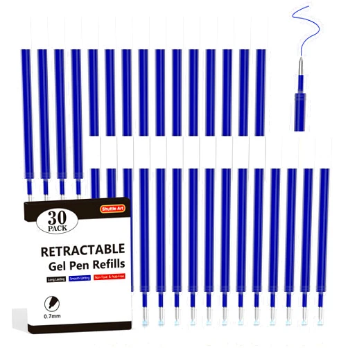 Shuttle Art Retractable Gel Pen Refills, 30 Pack Blue Rollerball Gel Ink Pens Refills, Bulk Set, 0.7mm Fine Point for Writing Journaling Taking Notes School Office Home