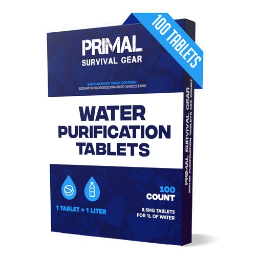 Primal Survival Gear Water Purifier Tablets –Water Purification Tablets for Emergency Water - Hiking, Camping, Survival, Emergency – Drinking Water Filtration System Survival Tabs - Purificador De Agua - 1L - 100 Tablets