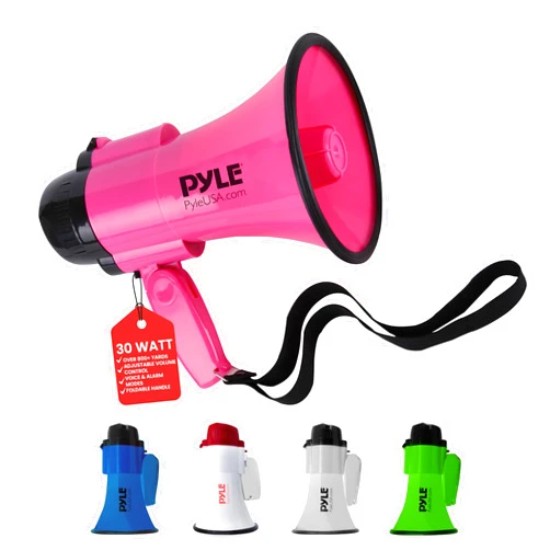 PYLE Portable Megaphone Speaker Siren Bullhorn - Compact and Battery Operated with 30 Watt Power, Microphone, 2 Modes, PA Sound and Foldable Handle for Cheerleading and Police Use PMP34PK