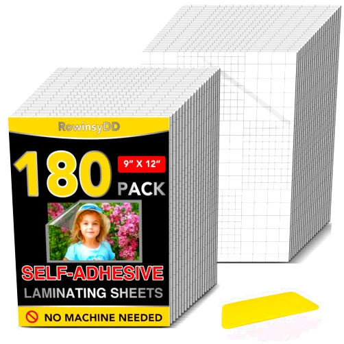RowinsyDD 180 Pack Self Adhesive Laminating Sheets, 9 X 12 Inch, Clear Sticker Laminate Sheets Waterproof for Documents, Photos, No Machine Needed Heatless Durable