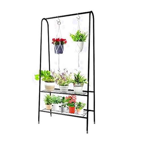 CarolynDesign 2 Tier Plant Stand,Hanging Plant Stand with 2 Macrame Plant Hanger and Hooks Planter Shelves Flower Pot Organizer Rack for Garden Balcony Patio Bedroom Office
