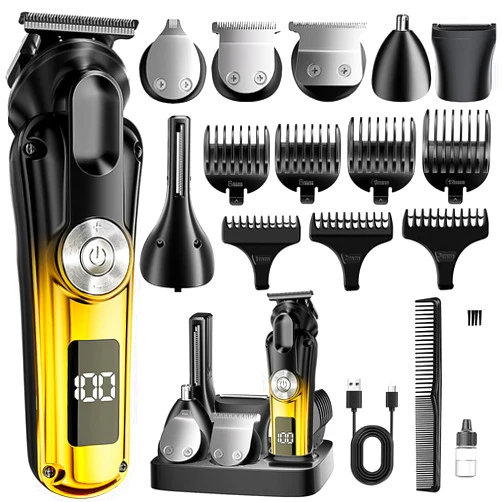 Gzbdz 6-in-1 Hair Clipper Beard Trimmer for Men, IPX6 Waterproof Electric Shaver Razor&Cordless Hair Clipper Grooming Kit Hair Trimmer for Nose, Body, Face and Mustache, Gifts for Men