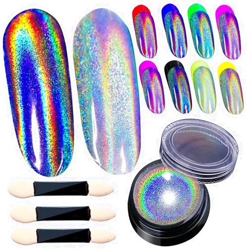 BELLEBOOST Holographic Nail Powder Holo Powder for Nails Chrome Nail Powder Rainbow Unicorn Mirror Effect Glitter Dust Multi Manicure Pigment Nail Art DIY Deco with Sponge Tool/3pcs, 0.04oz/1g
