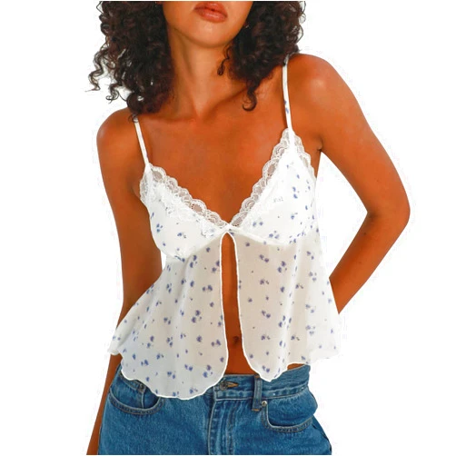 Votuleazi Women Y2K Sexy Mesh Tops Floral Print Sleeveless Slim Fit Shirts Exposed Navel Patchwork Tank Crop Tops Beach