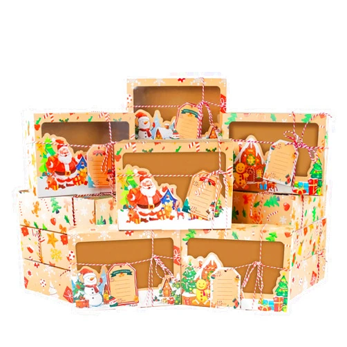 yunhuatdm 12 Pack Christmas Kraft Cookie Boxes with Window, Large Holiday Bakery Treat Boxes for Gift Giving Cupcake Candies Food Packing, Xmas Cookie Containers with Ribbons and Gift Tags