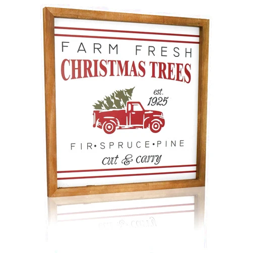 EMAX HOME Farm Fresh Christmas Trees Wall Decor Sign, Wood Framed Wall Sign for Christmas Decor, Vintage Trunk Wood Sign - 12 x 12 Inchs