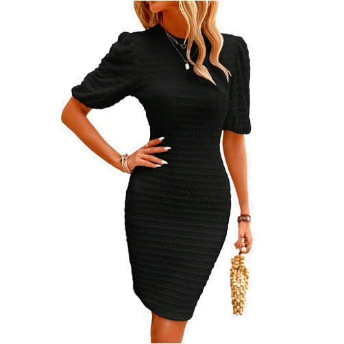 MakeMeChic Women's Round Neck Short Puff Sleeve Bodycon Mini Dress Solid Slim Fit Short Pencil Dress