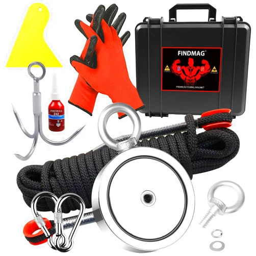 FINDMAG 2625 lbs Fishing Magnet Kit, Double Sided Magnet Fishing Kit with Rope, Super Strong Fishing Magnet for Retrieving Items in River, Lake, Beach, Lawn, 4.57