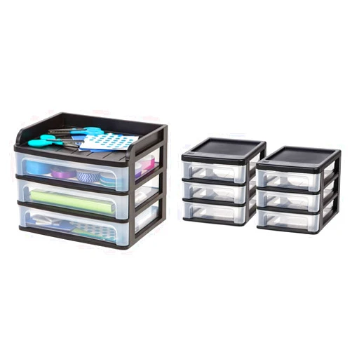 IRIS USA Medium Desktop Drawer System, 1 Pack, Black and IRIS Compact Desktop 3-Drawer System, Black, 2 Pack