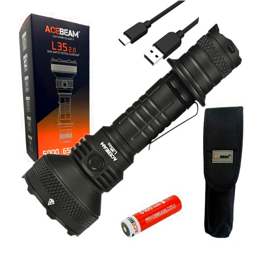 Acebeam L35 2.0 Flashlight Black C-ree XHP70.3 HI LED w/Battery and Eco Sensa USB C Charging Cable Included, acebeam-l3520-black