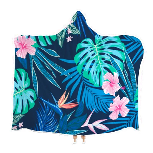 Vantaso Wearable Hooded Blankets Throw Poncho Cloak Blanket Tropic Foliage with Monstera Leaf Palm Leaves for Adults Kids for Bed Sofa Bedding Multi-Size