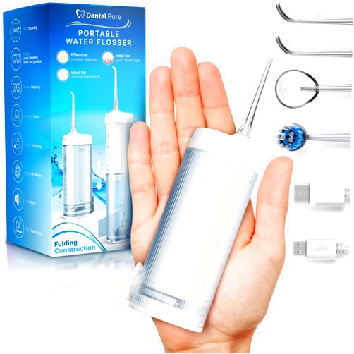 DentalPure Portable Water Dental Flosser Teeth Pick with 4 Modes, Folding Rechargeable Oral Irrigator for Teeth Cleaning and flossing, Travel Electric Flosser for Adults with 4 Jet Tips IPX7 Waterproof…
