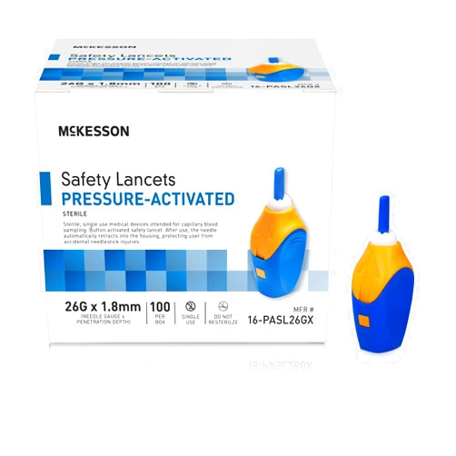 McKesson Safety Lancet, Retractable, Pressure-Activated Finger Device, Sterile - Ideal for Blood Testing - Single Use, 26 Gauge, 1.8mm Depth, 100 Count, 1 Pack
