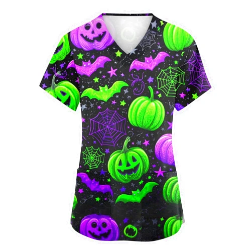 BDNXTV Scrubs for Women V Neck Short Sleeve Printed Tops Cartoon Pattern Plus Size Nursing with Pockets