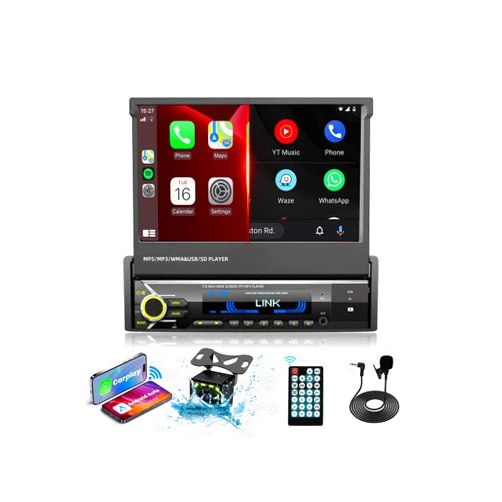 SEMAITU [Upgrade] Single Din Car Stereo Player Compatible with Apple Carplay & Android Auto – 7 Inch Flip Out Touchscreen Car Radio with Bluetooth| Mirror Link| Backup Camera/USB/AUX Input/AM/FM/Subwoofer/DSP