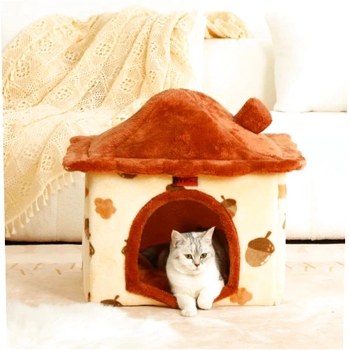 KZLAA Cat House for Indoor Cats - Washable Cat House Tent with Soft and Self Warming Kitten Beds & Furniture, Pet Bed (Brown)