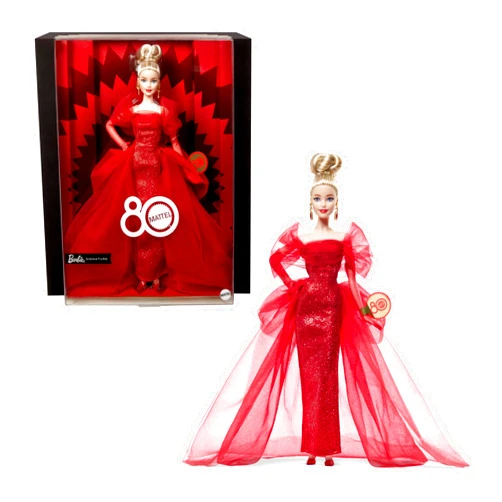 Barbie Signature Doll, Mattel 80th Anniversary Collectible in Glittery Red Tulle Gown with Drop Earrings and Sheer Gloves, Blonde Hair