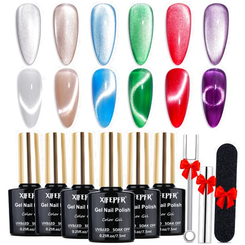 Xifepfr Cat Eye Gel Nail Polish Kit, Magnetic Gel Polish 6 Colors with 2 Magnets, 9D Holographic Shimmer Glitter Galaxy Series Chameleon Cateye Gel Polish Soak Off Nail Art Salon Home DIY
