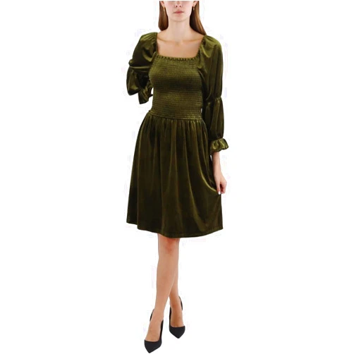Tahari ASL Womens Velvet Smocked Fit & Flare Dress Green 16
