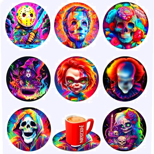 Generic Horror Movie Decor Halloween Coasters Colorful Round Wooden Coasters Spooky Home Decoration Movie Character Bar Coaster for Halloween Home Kitchen Office Table Supplies, WW-185