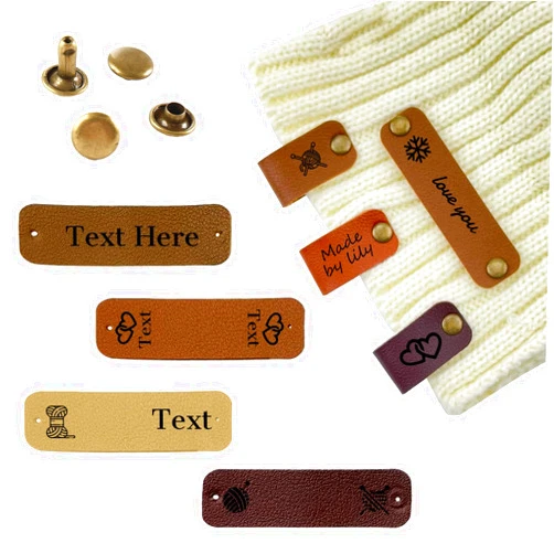 HJX Custom Leather Tags for Handmade Crochet Knitting Items Personalized Labels with Rivets Embellishment,Customize Handmade Labels for Knit DIY Jeans Bags Shoes Hat Craft Accessories (Style2-10PCS)