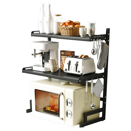 Rasegicc Expandable And Height Adjustable Microwave Oven Rack, 3-Tier Shelf Heavy Duty Stand Countertop Kitchen Utensils Tableware Storage,Seasoning/Toaster/Rice Cooker Rack with 6 Hooks (Black, 3 tiers)