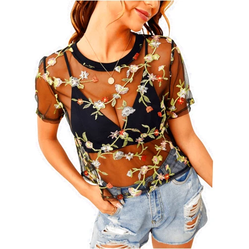SweatyRocks Women Sexy Sheer Mesh Crop Tops Floral Embroided See Throught Short Sleeve Tee Shirt Blouse