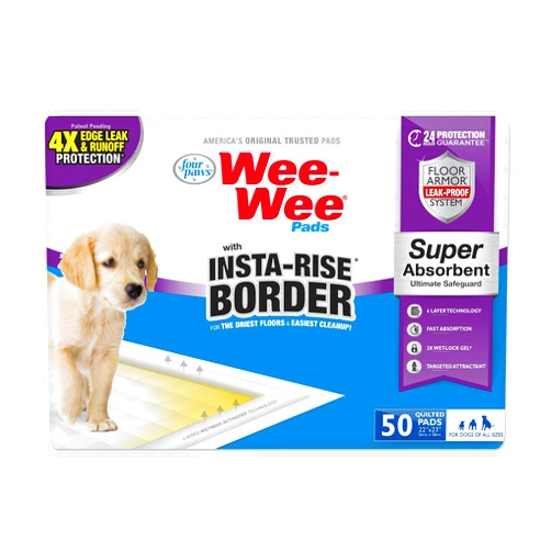 Four Paws Wee-Wee Super Absorbent Pee Pads for Dogs with Insta-Rise Border, Leak-Proof Floor Protection Dog & Puppy Quilted Potty Training Pads, Unscented, 22