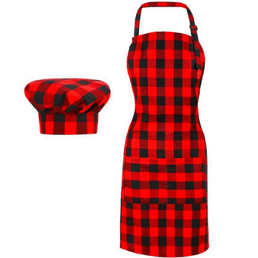 SATINIOR 2 Pcs Chef Costume for Women Men Chef Hat Apron Set for Adult Baker Apron Hat for Cooking Cosplay(Red, Black,Plaid Style)