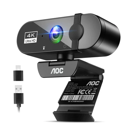 AOC 4k Webcam for PC with Microphone, Computer Camera with Noise Cancellation, Privacy Cover, 99° FOV, Plug & Play USB Webcam for Streaming, Conferencing, Zoom, Skype, Facetime, Laptop, PC, Skype