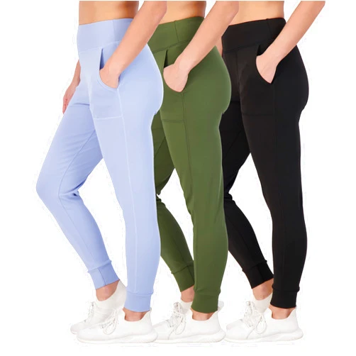 Real Essentials 3 Pack: Women's Joggers with Pockets - High Waist Workout Yoga Tapered Athletic Leggings (Available in Plus)