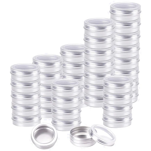 Foraineam 40 Pack 2 Ounce Round Tin Cans Metal Empty Tins Silver Aluminum Kitchen Office Travel Storage Containers with Clear Screw Top Lids