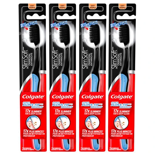 Colgate Slimsoft Floss-Tip Charcoal Toothbrush, Soft (4 Count)