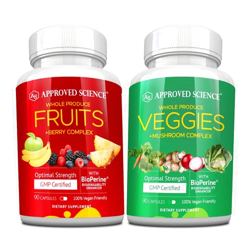 Approved Science Fruits & Veggies - 42 Whole Fruit and Veggie Supplement - Enhanced Health & Vitality - Daily Natural Vitamins, Minerals, Antioxidants - 90 Capsules Each - 1-Month Supply