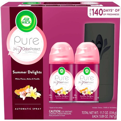 Air Wick Automatic Spray Starter Kit (Gadget + 2 Refills), Summer Delights, Essential Oils, Air Freshener, Odor Neutralization