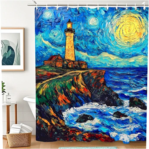 Rzzlp Lighthouse Starry Night Painting Shower Curtain,Washable Fabric Curtain,Rustic Farmhouse Bathroom Shower Curtain Set with Hooks,72x72 Inch