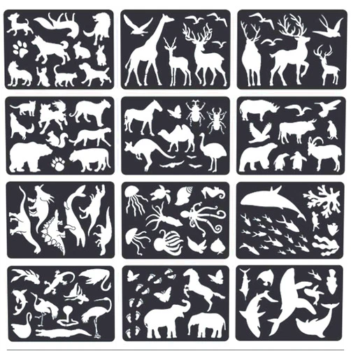 CSPRING 12PCS Animal Plastic Stencils Reusable Journaling Drawing Template for Children Creation, Painting Education, School Projects, Scrapbooking, Kids DIY Crafts