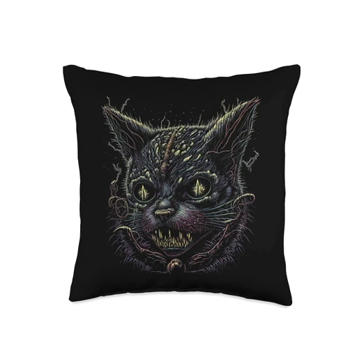 Great Creepy Scary Horror Cat Artwork Illustration Creepy Scary Horror Cat Art Illustration Design Throw Pillow, 16x16, Multicolor